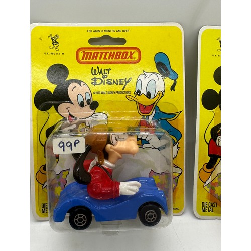 181 - 3 x 1979 Matchbox Walt Disney Goofy, carded in original packaging, each one is different