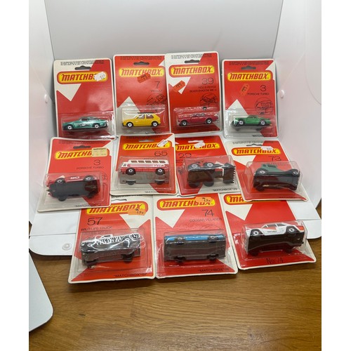 178 - Selection of 1980 Matchbox carded vehicles to include 2 x 3 Porsche Turbo, 7 VW Golf, No9 Ford Escor... 