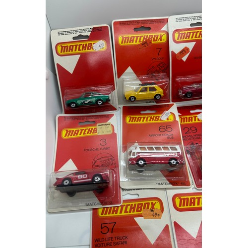 178 - Selection of 1980 Matchbox carded vehicles to include 2 x 3 Porsche Turbo, 7 VW Golf, No9 Ford Escor... 