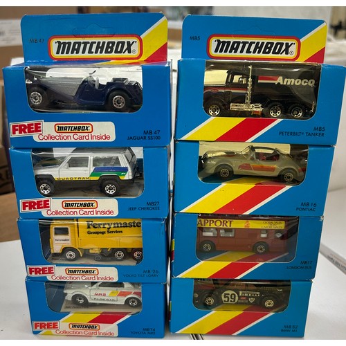 143 - Boxed Matchbox MB47 Jaguar SS100, MB27 Jeep Cherokee, MB26 Volvo Tilt lorry, MB74 Toyota MR2, MB5 Pe... 