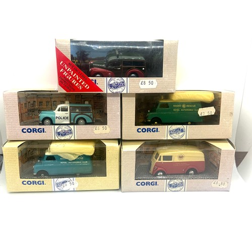 148 - 5 Boxed Corgi vehicles includes 96973 Morris Minor, 96886 Morris J Van, Bedford CA Van etc