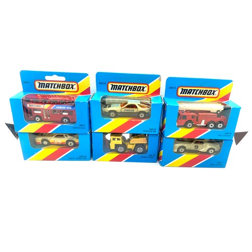 150 - Selection of boxed Matchbox cars includes mb34 Chevy stock car, MB 42 grue mobile, MB 59 Porsche 928... 