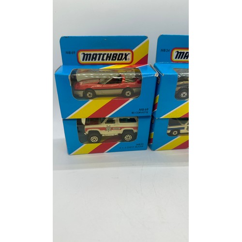 133 - Selection of boxed Matchbox cars includes MB10 Us police car, MB50 4x4 Chevy, mb69 83 corvette and M... 