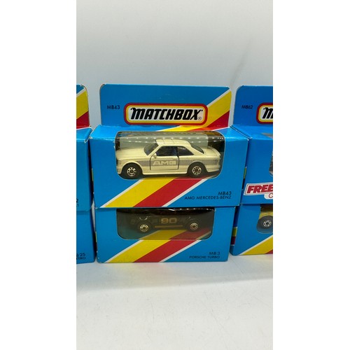 146 - Selection of boxed Matchbox cars includes MB3 Porsche Turbo, Mb 52 BMW m1, MB62 Volvo 760 etc