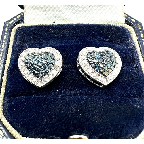 250 - pair of silver blue & white diamond heart  earrings by tggc