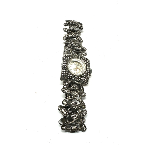 425 - Ladies vintage 925 Silver Navada manual wind  silver &  Marcasite wristwatch the watch is ticking