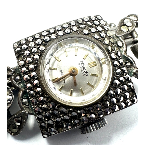 425 - Ladies vintage 925 Silver Navada manual wind  silver &  Marcasite wristwatch the watch is ticking