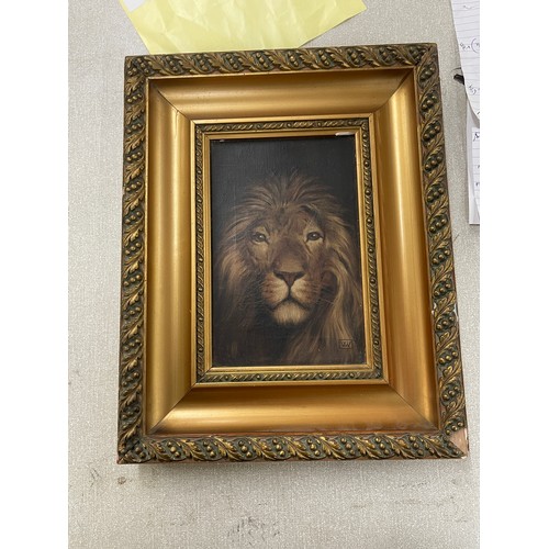 103 - Victorian oil on canvas depicting Lion, Artist VW, approximate overall measurements: