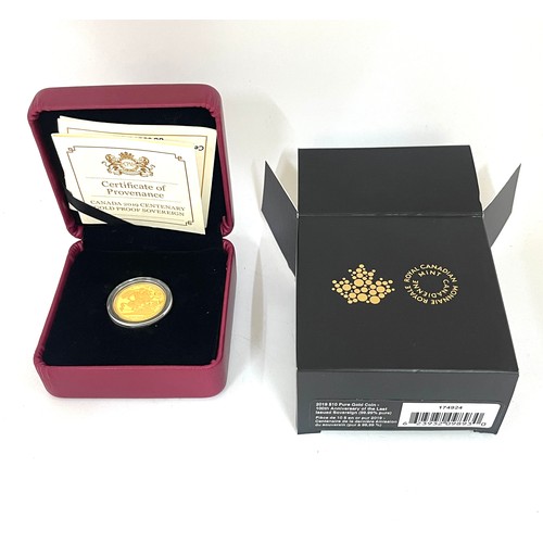 496 - Canada 2019 centenary pure gold proof sovereign, 10 dollars, boxed 7.8 grams