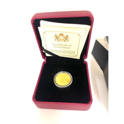 496 - Canada 2019 centenary pure gold proof sovereign, 10 dollars, boxed 7.8 grams