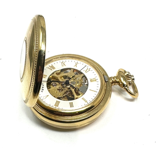 420 - Vintage Rotary Swiss Made Gold Plated Half Hunter Skeleton Pocket Watch winds and ticks