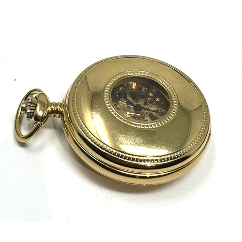 420 - Vintage Rotary Swiss Made Gold Plated Half Hunter Skeleton Pocket Watch winds and ticks