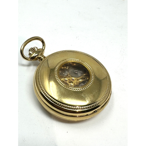 420 - Vintage Rotary Swiss Made Gold Plated Half Hunter Skeleton Pocket Watch winds and ticks