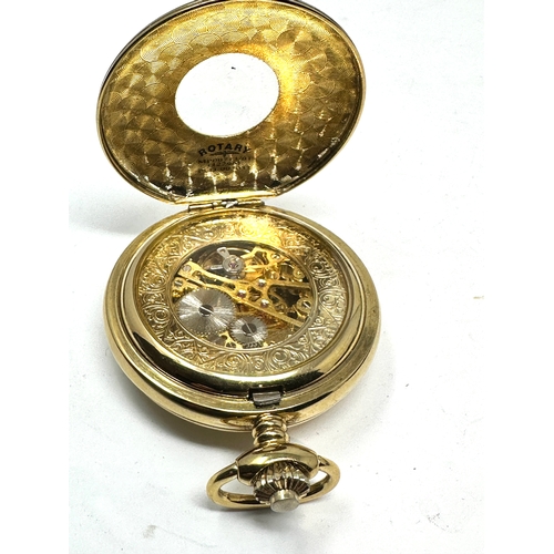 420 - Vintage Rotary Swiss Made Gold Plated Half Hunter Skeleton Pocket Watch winds and ticks