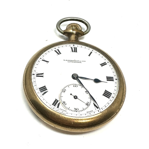 421 - antique / vintage Gold plated m. harrinsons & son   liverpool open face pocket watch the watch winds... 