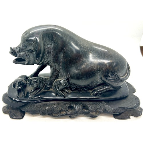 574 - Vintage Chinese Chinoiseries black stone carved pig and piglets on stand