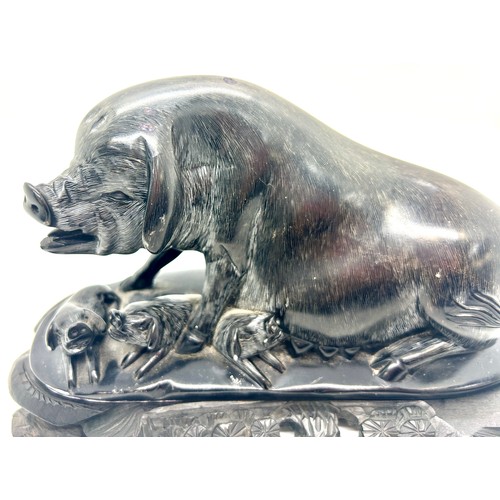 574 - Vintage Chinese Chinoiseries black stone carved pig and piglets on stand