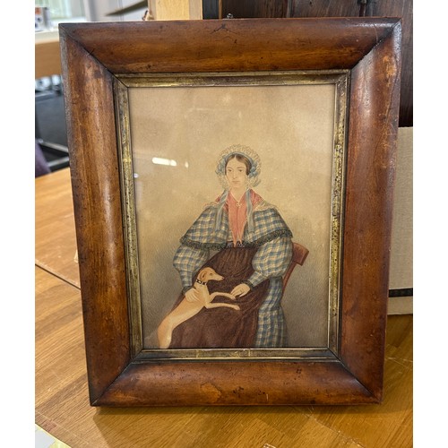 91 - Vintage framed drawing of a lady and a dog measures approx 10 inches tall by 9 inches wide