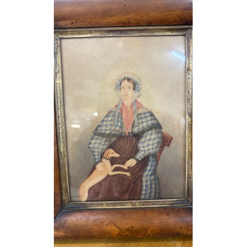 91 - Vintage framed drawing of a lady and a dog measures approx 10 inches tall by 9 inches wide