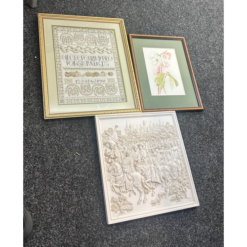 36 - Selection of art to include a 3D piece, a vintage sampler, and a water colour depicting a flower. 
L... 