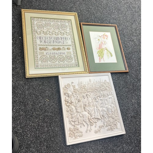 36 - Selection of art to include a 3D piece, a vintage sampler, and a water colour depicting a flower. 
L... 