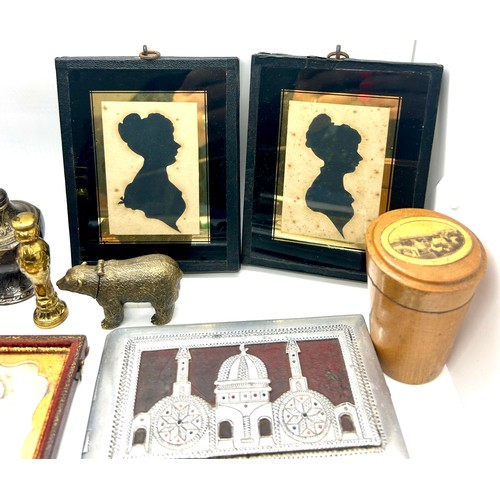 510 - Selection of collectables to include silhouette framed ladies, vase, trinket, pen, buckle etc