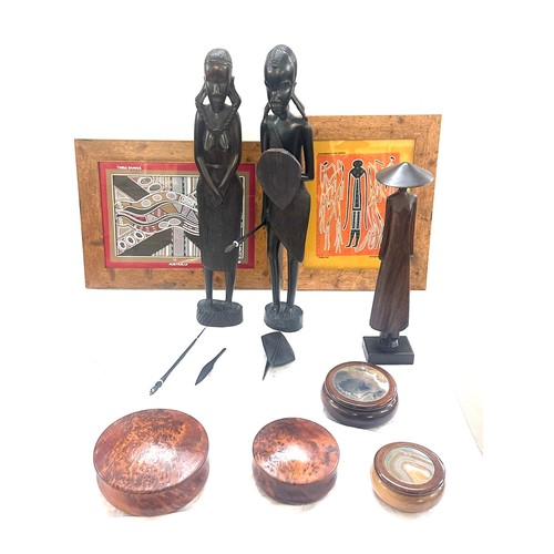 178 - Selection of wooden items to include two figurines, framed pictures etc