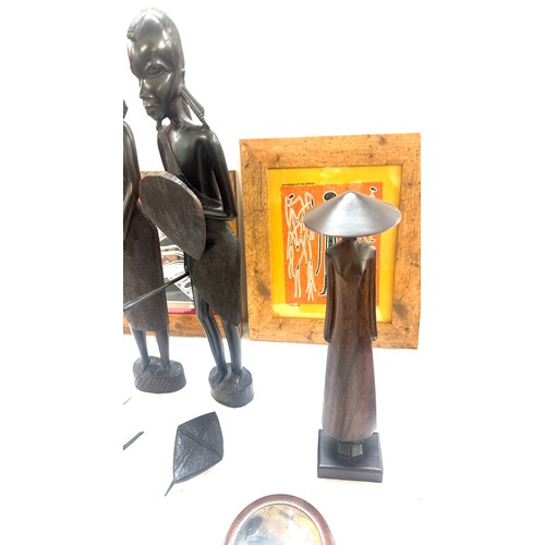 178 - Selection of wooden items to include two figurines, framed pictures etc