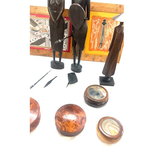 178 - Selection of wooden items to include two figurines, framed pictures etc