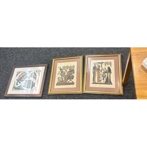 99 - Two framed Egyptian pictures and a framed Aboriginal art piece Australia largest measures approx 22 ... 