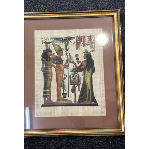 99 - Two framed Egyptian pictures and a framed Aboriginal art piece Australia largest measures approx 22 ... 