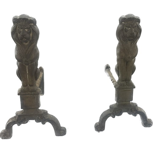 278 - Pair of brass lion fire dogs measures approx 17 inches wide by 17 inches tall