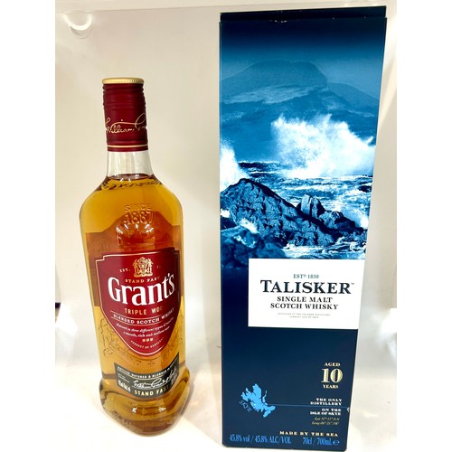 595 - Boxed bottle of Talisker 10 Year Old Malt Whisky 70cl bottle, Grants blended Whisky 70cl bottle