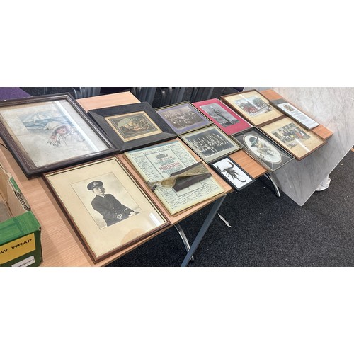 215 - Selection framed vintage pictures, various sizes and scenes, to include military, largest measures a... 