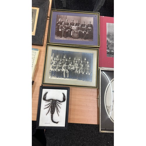 215 - Selection framed vintage pictures, various sizes and scenes, to include military, largest measures a... 