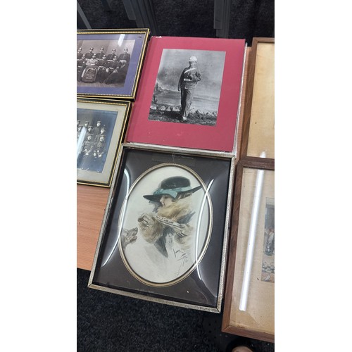 215 - Selection framed vintage pictures, various sizes and scenes, to include military, largest measures a... 