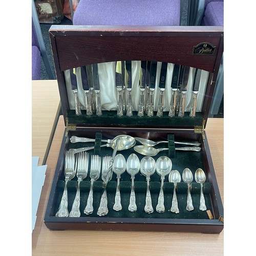 145 - Canteen of silver plate cutlery by George Butler Canvendish Sheffield plus candle stick, spoons etc