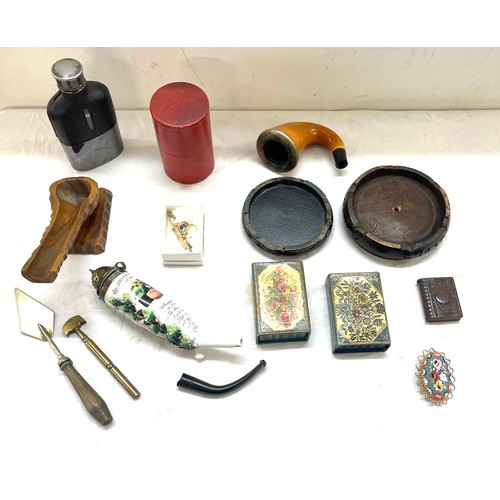 11 - Box of vintage bygones to include pipes,  oriental stands, hip flask, micro mosaic brooch etc