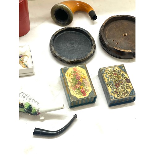 11 - Box of vintage bygones to include pipes,  oriental stands, hip flask, micro mosaic brooch etc