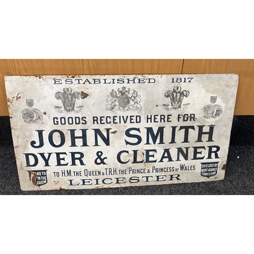 89 - Antique enamel sign John Smith dyer and cleaners Leicester 91 cm x 50 cm