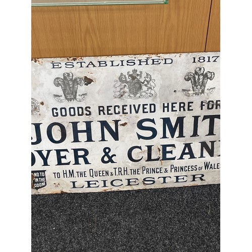 89 - Antique enamel sign John Smith dyer and cleaners Leicester 91 cm x 50 cm