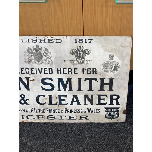 89 - Antique enamel sign John Smith dyer and cleaners Leicester 91 cm x 50 cm