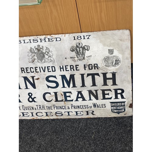 89 - Antique enamel sign John Smith dyer and cleaners Leicester 91 cm x 50 cm