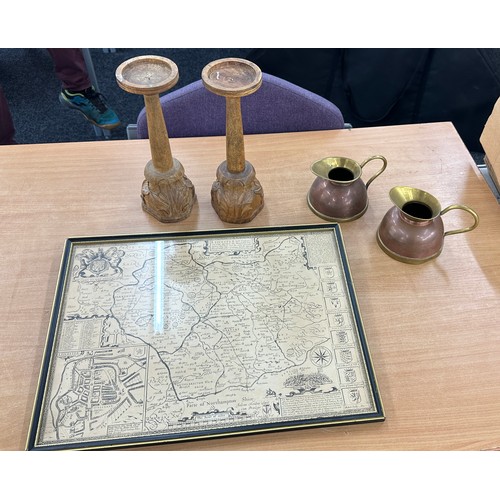 98 - Pair wooden large candlesticks, 2 small copper jugs, framed map of Leicestershire, height of candles... 