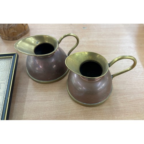 98 - Pair wooden large candlesticks, 2 small copper jugs, framed map of Leicestershire, height of candles... 