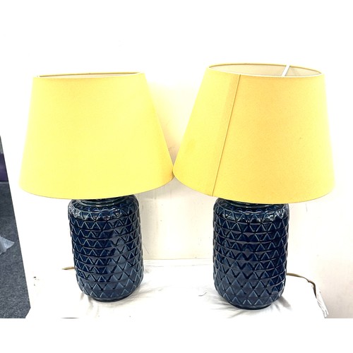 259 - Pair blue pottery matching table lamps , overall height including shade 22 inches