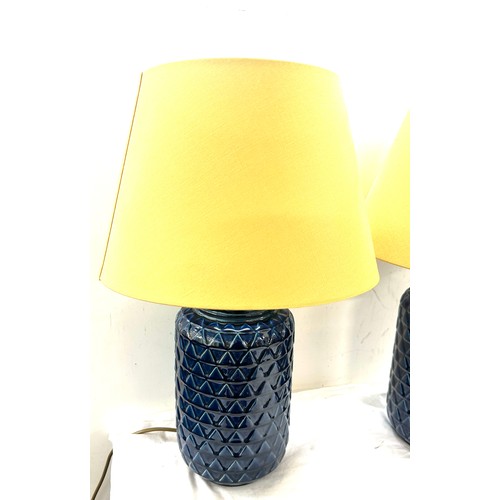 259 - Pair blue pottery matching table lamps , overall height including shade 22 inches