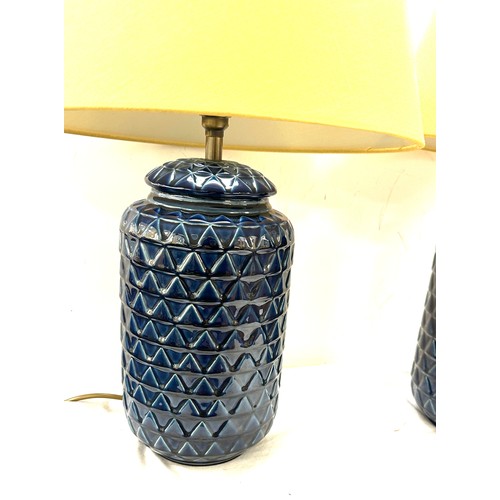 259 - Pair blue pottery matching table lamps , overall height including shade 22 inches