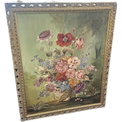 257 - 2 Framed oil on canvases depicting flowers, largest measures approximately 24 by 39 inches and is si... 