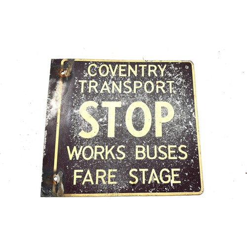 30 - Double sided enamel Coventry Transport stop, works buses fare stage, approximate measurements 13 x 1... 